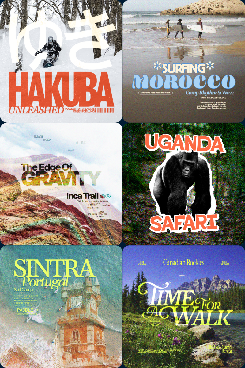 Collection of travel-themed posters with various destinations and activities.