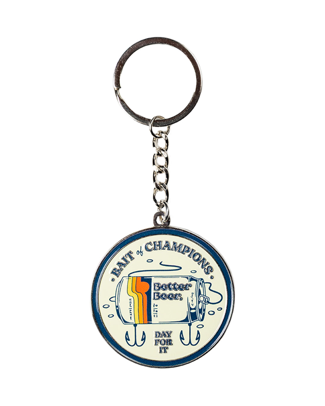 Bait of Champions Keychain with a circular design featuring text and graphics on a white background | Better Beer