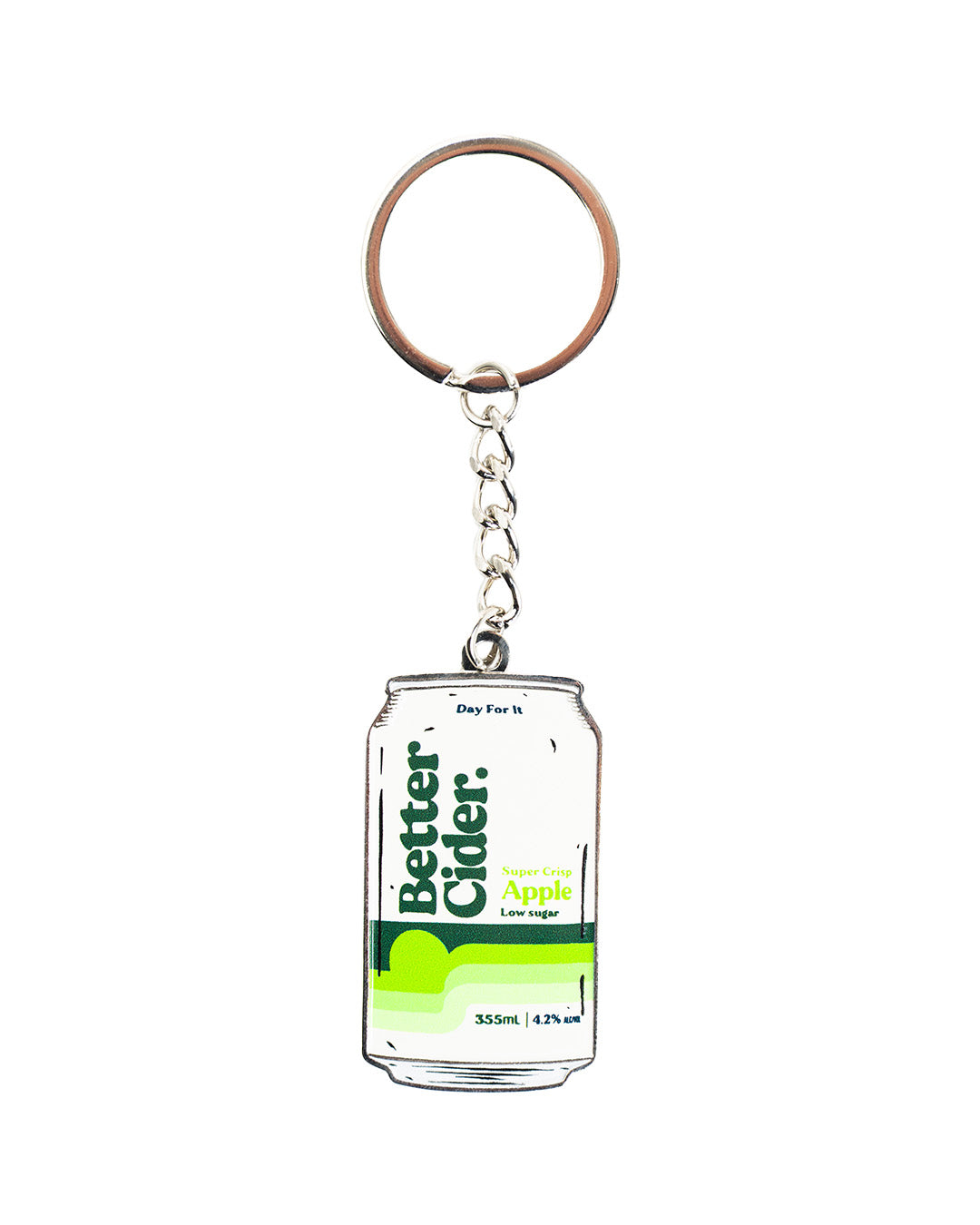 Keychain shaped like a can of Better Cider on a white background
