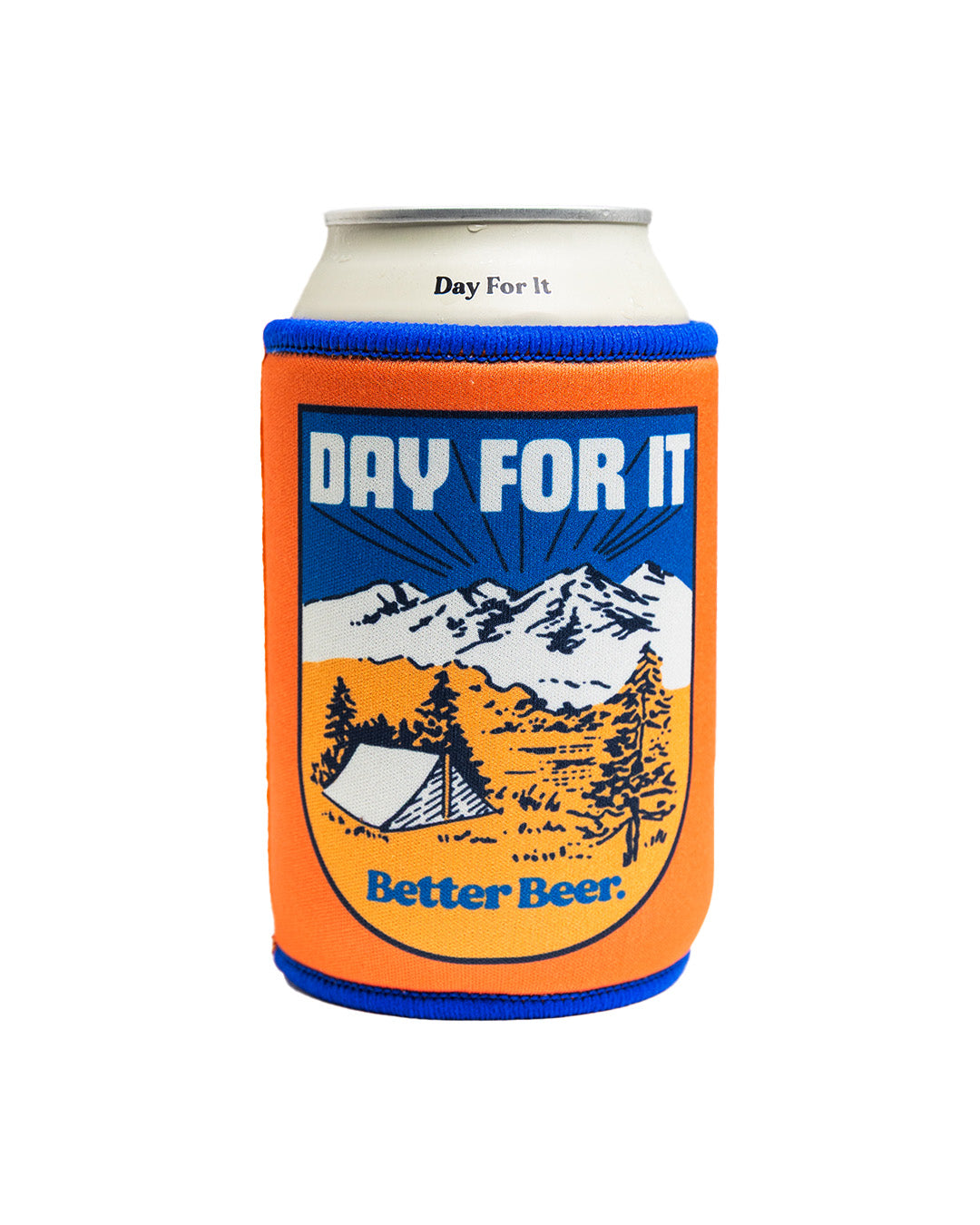 Can cooler with 'Day For It' and 'Better Beer' branding on a white background