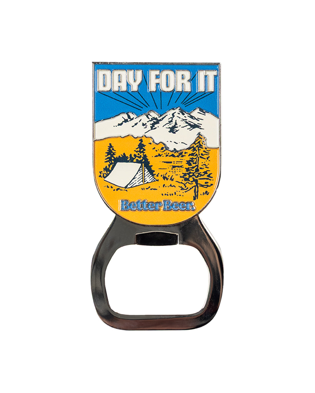 Bottle opener with mountain and camping design on a white background | Better Beer