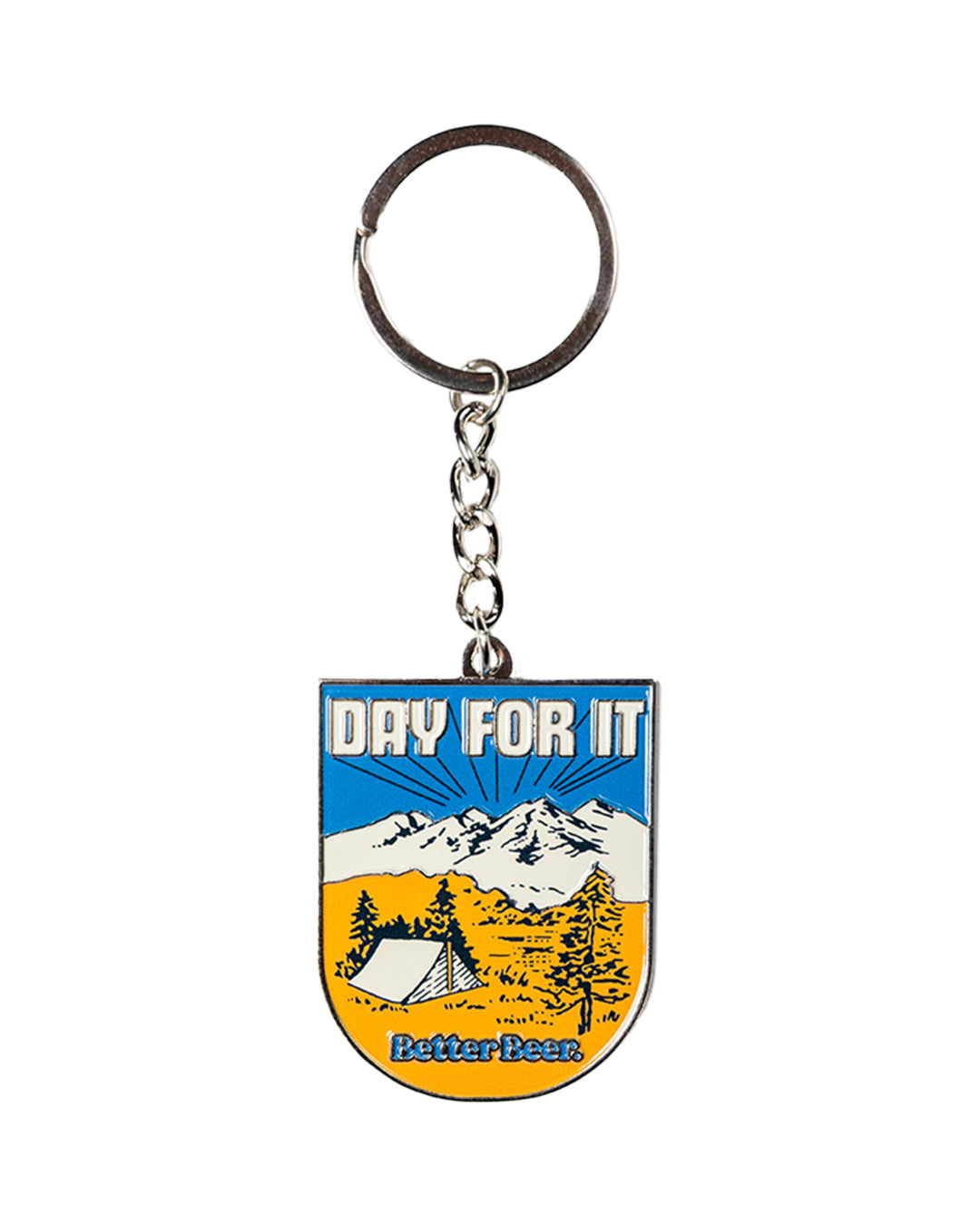 Day For It Campfire Keychain with mountain and tent design and 'Day for It' text on a white background | Better Beer