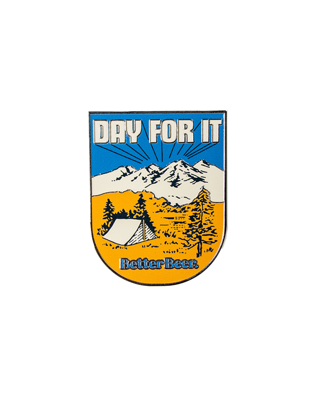 Fridge Magnet with mountains, trees, and a tent on an orange and blue background with 'Day For It' text | Better Beer
