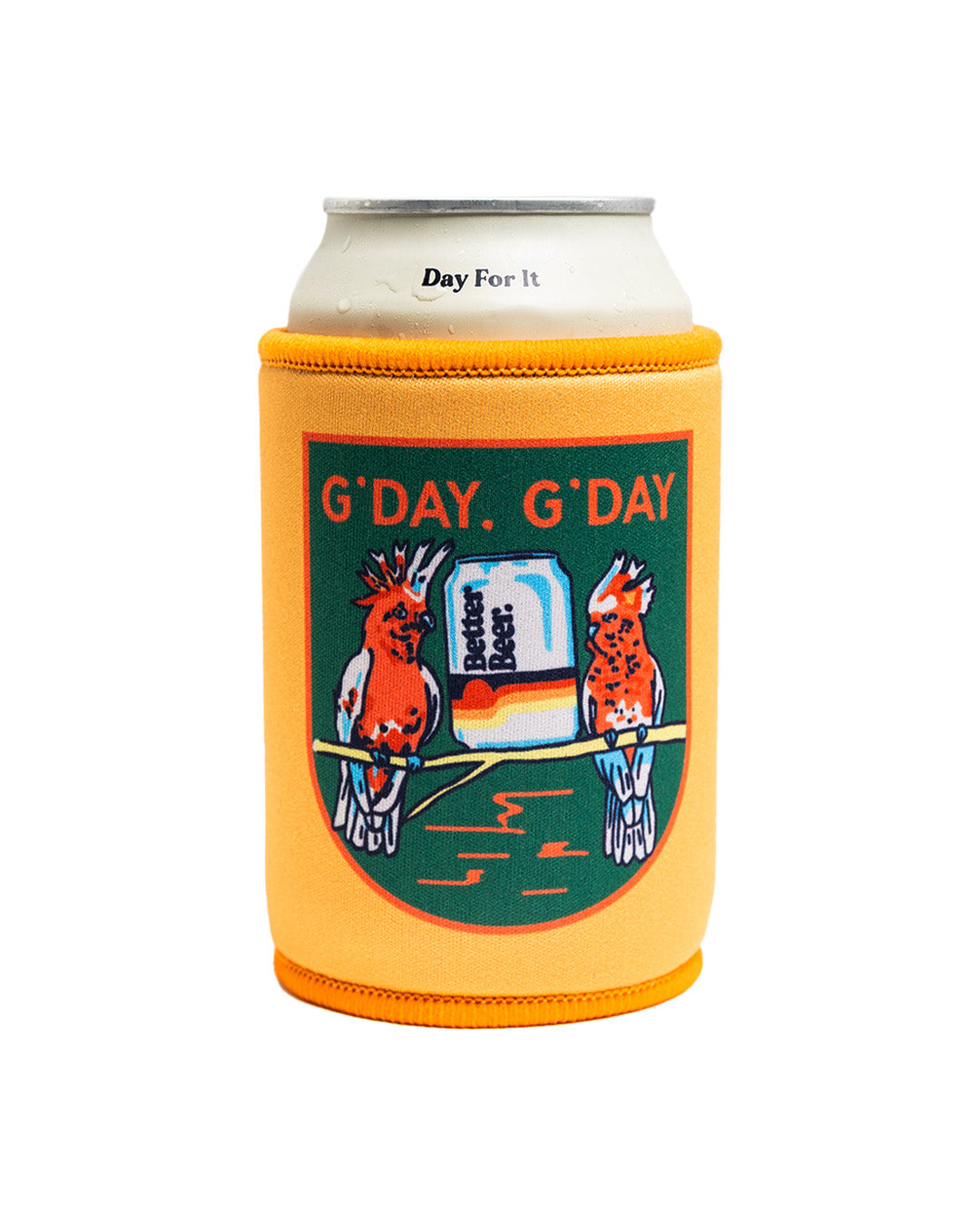 Can cooler with 'G'DAY. G'DAY' design on a white background