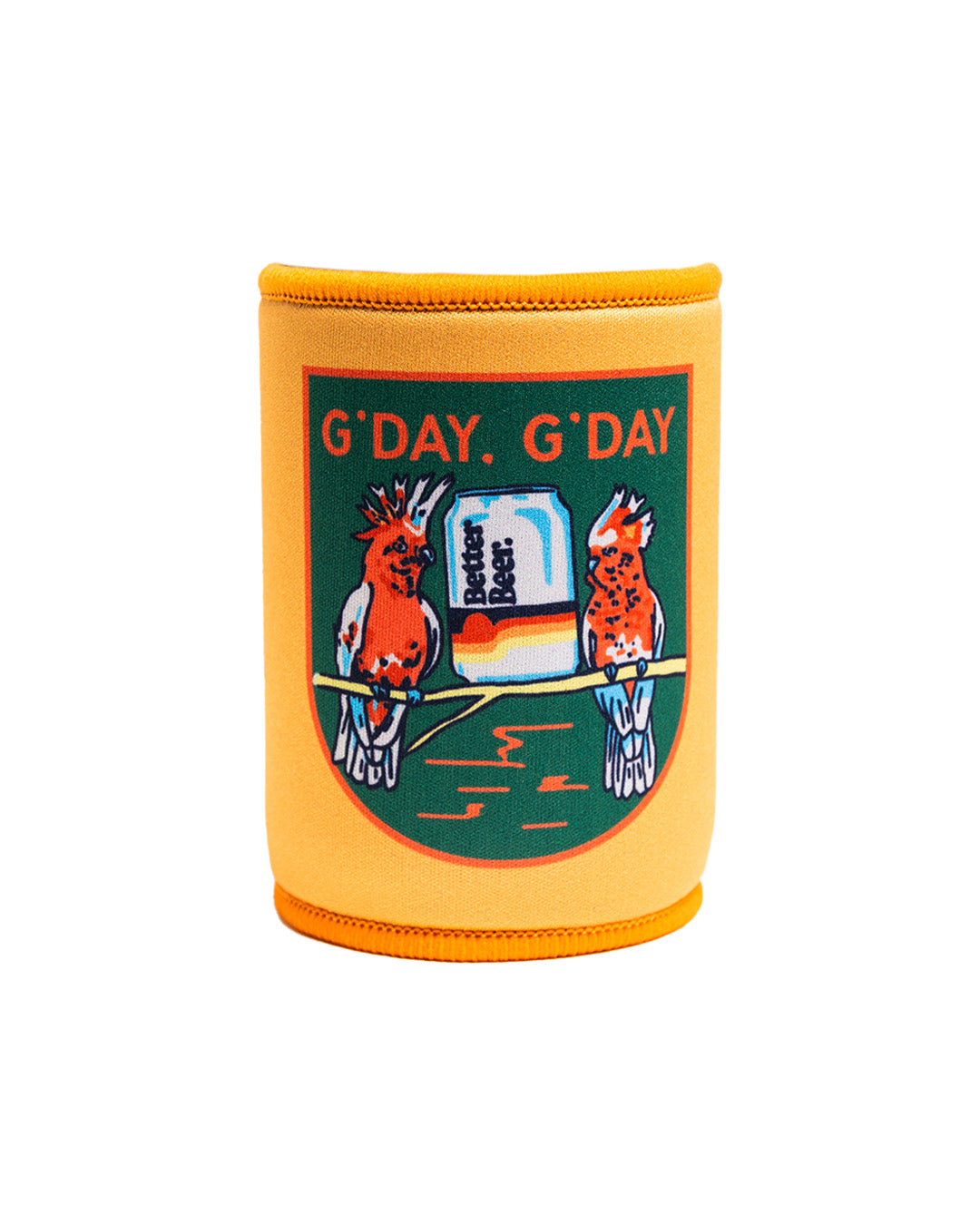Neoprene cup sleeve with kangaroo design and 'G'DAY, G'DAY' text on a white background