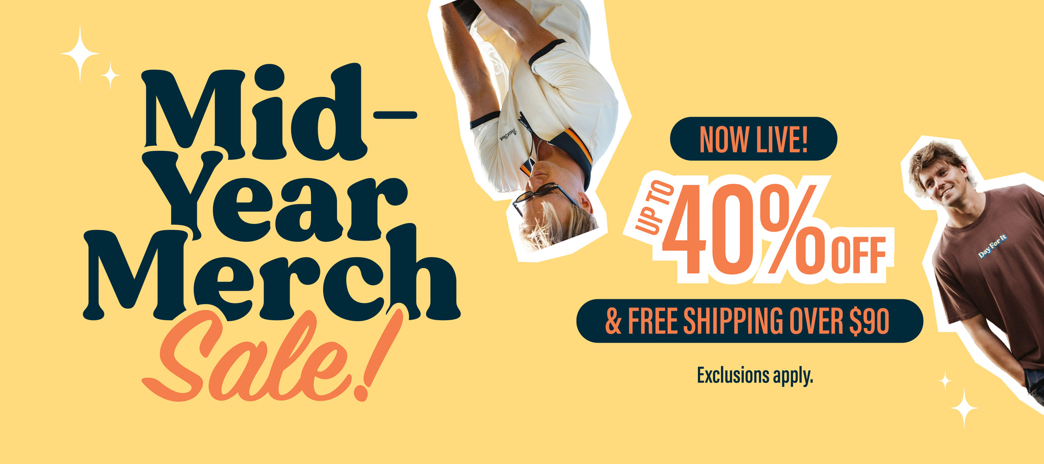 Promotional banner for a mid-year merch sale with text and images of people on a yellow background.