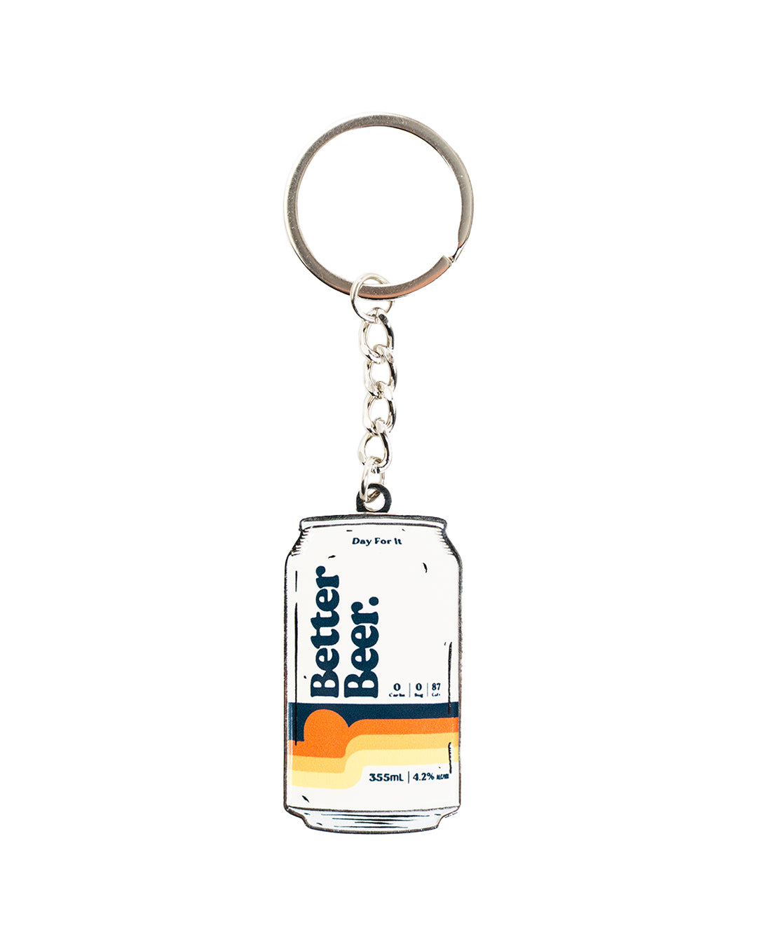 Keychain shaped like a can with 'Better Beer' branding on a white background