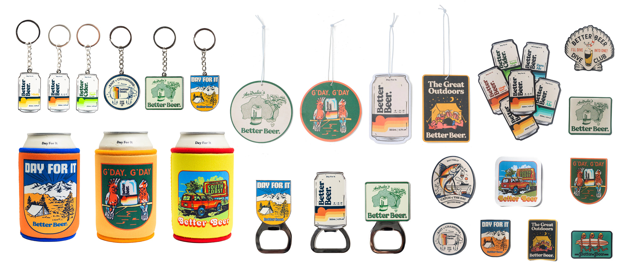 Collection of keychains, bottle openers, and decorative items with various designs on a white background.