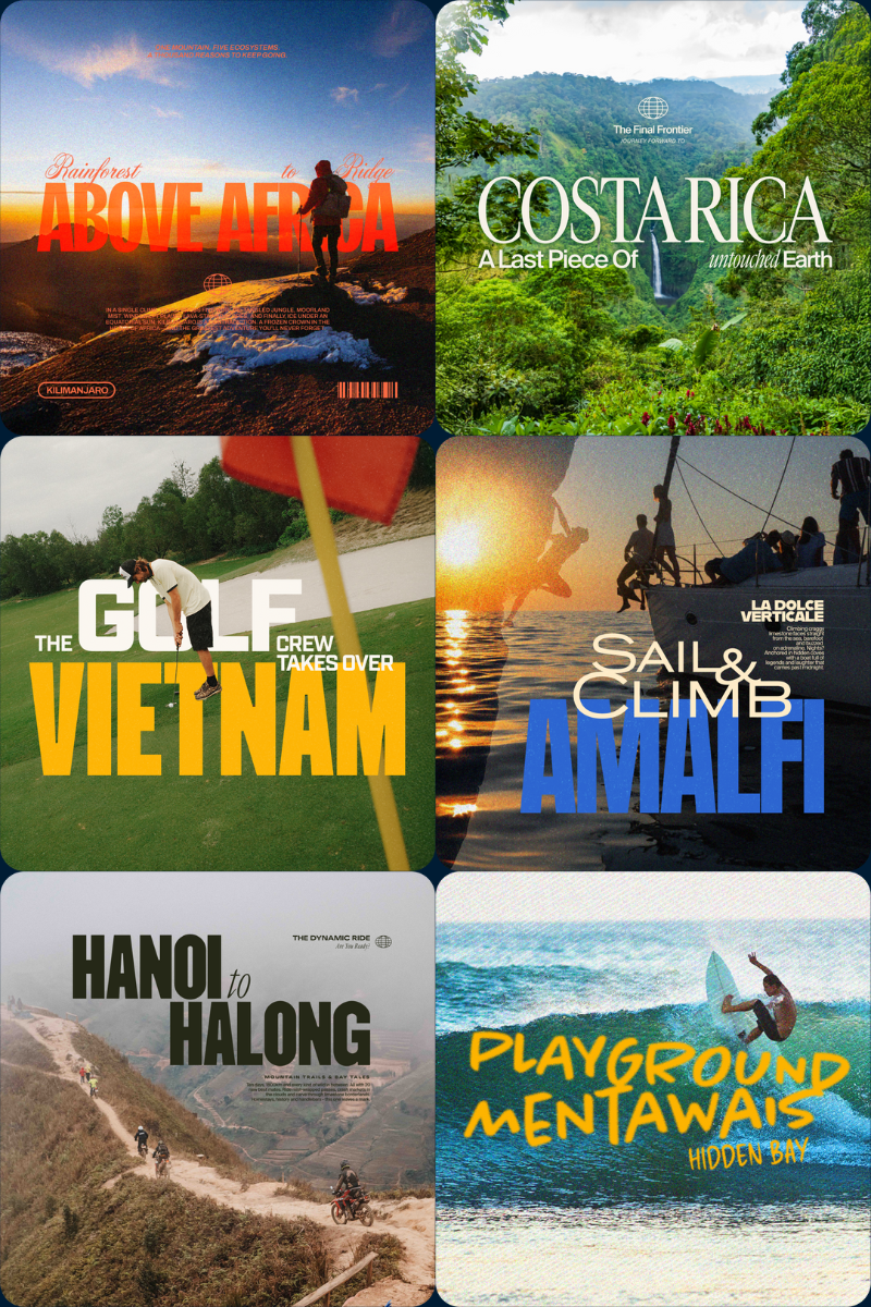 Collage of travel-themed movie posters with various destinations and activities.