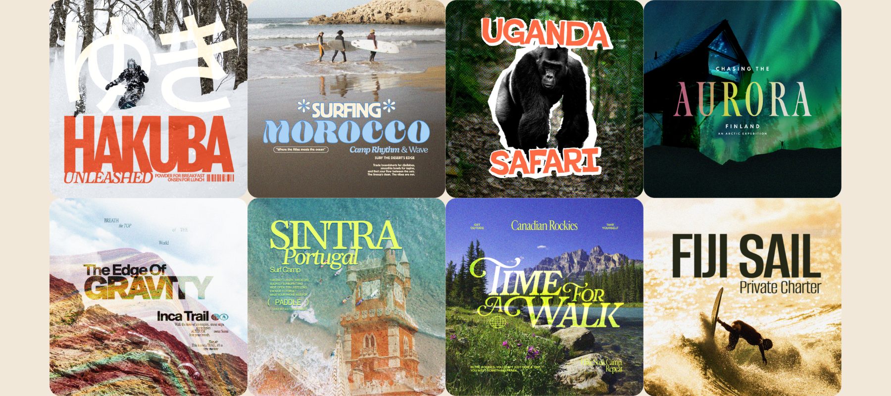 Collection of travel-themed posters with various destinations and activities.