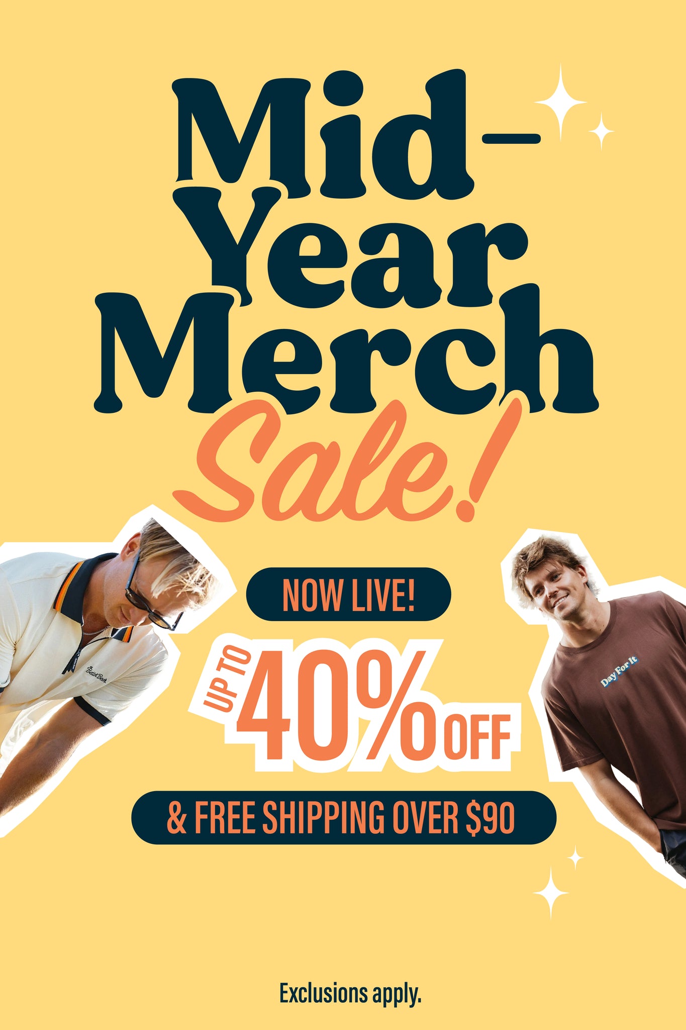 Promotional poster for a mid-year merch sale with text and images of people on a yellow background.