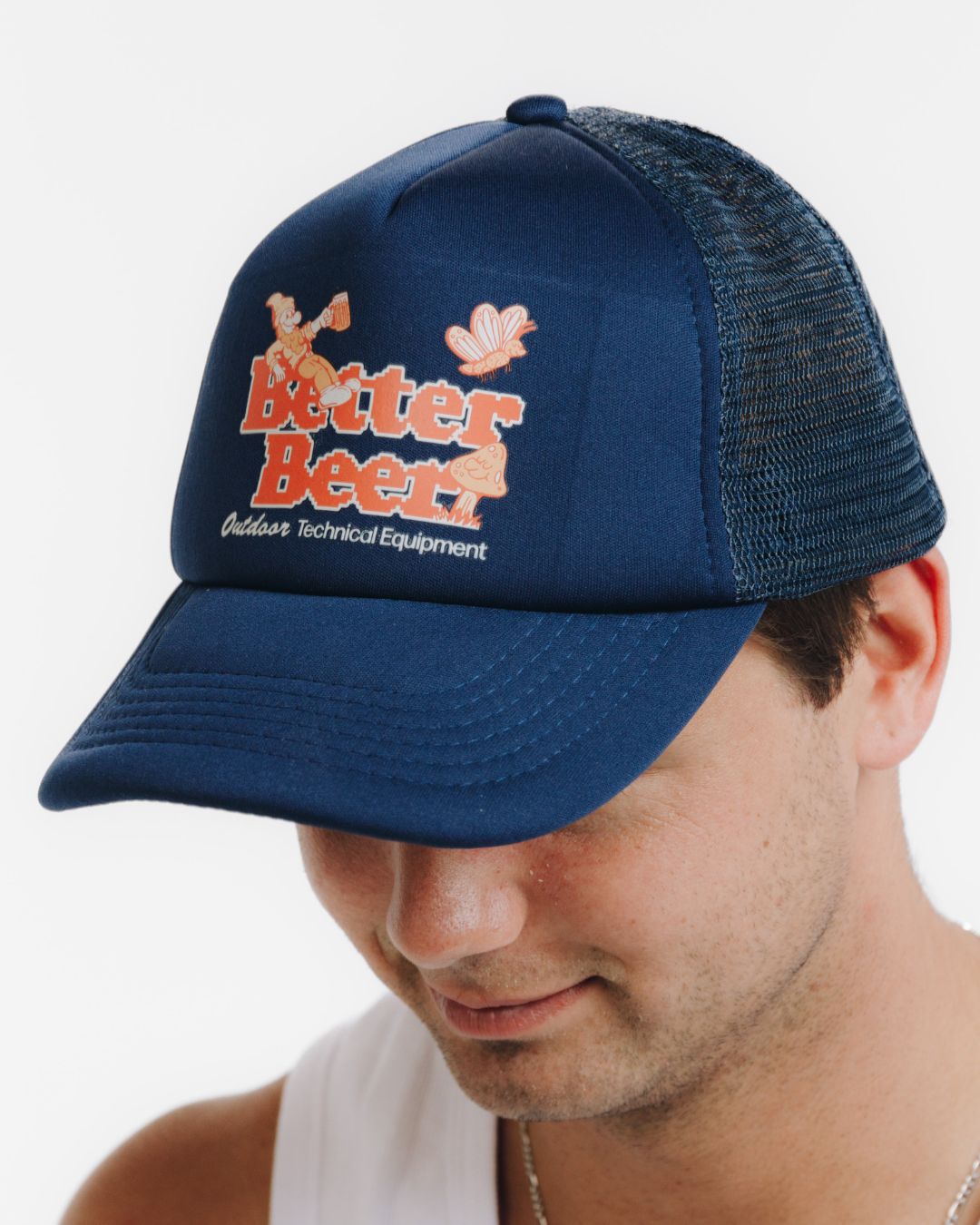 Pixelated Gnome Navy Trucker Cap front detailed | Better Beer