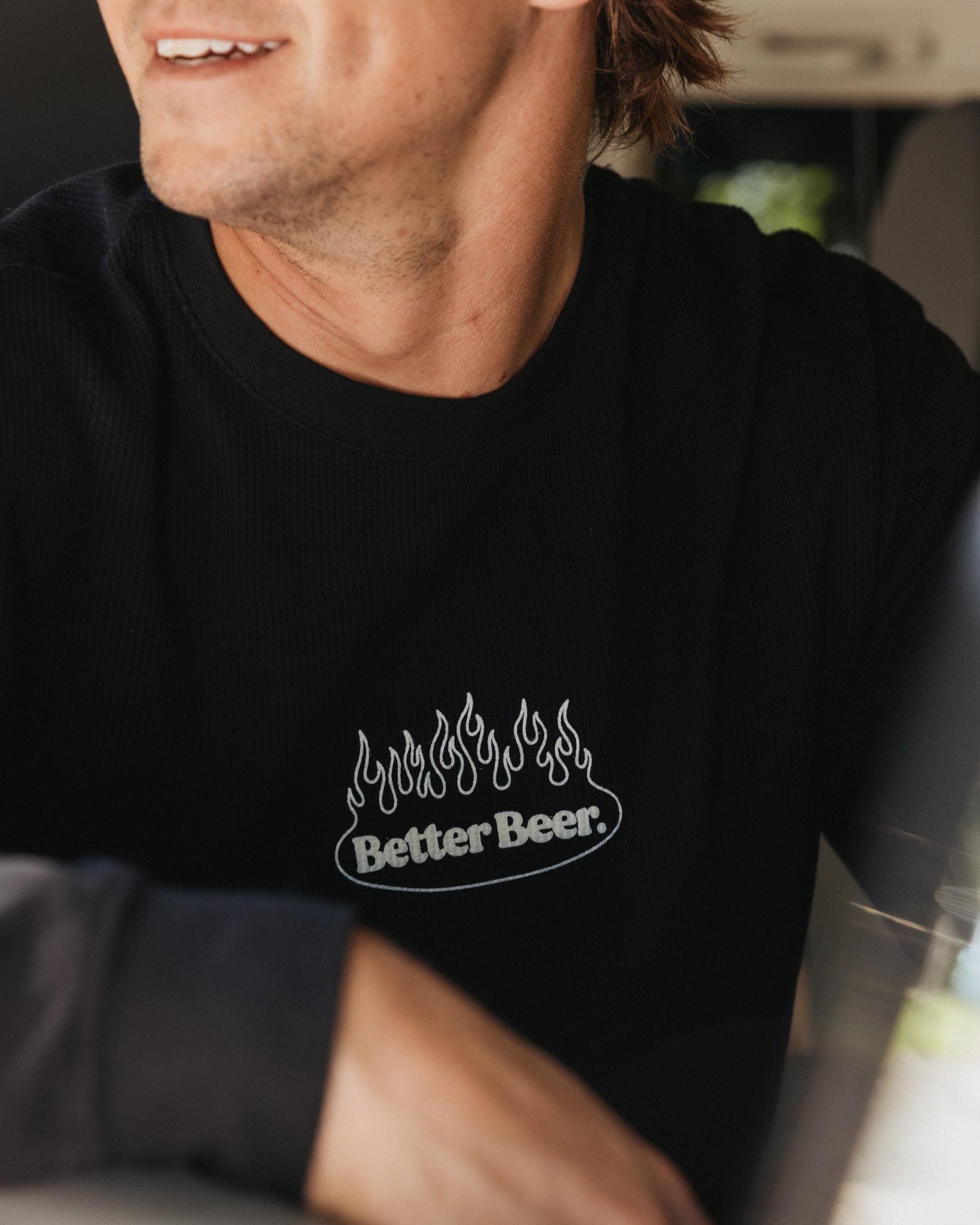 Waffle Flame Badge Long Sleeve Black - close up | Better Beer