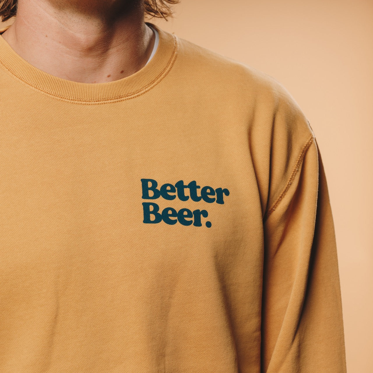 Better Beer Desert Yellow Crew Neck features navy logo - Better Beer