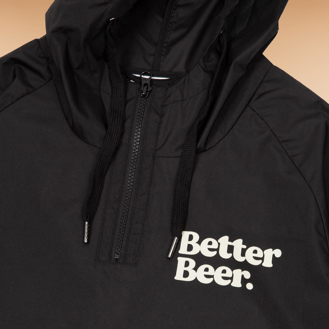 Better Beer Black Windbreaker featuring Better Beer logo in closed up view - Better Beer